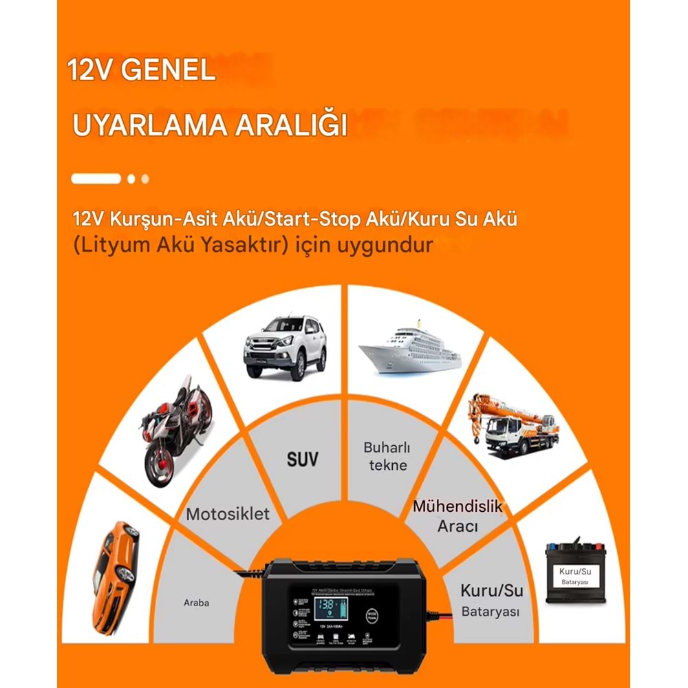12V 6A Akü Şarj Cihazı Desülfatörlü | Jel, Sulu ve Kuru Kurşun Asit Akülere Uygun Akıllı Şarj Cihazı