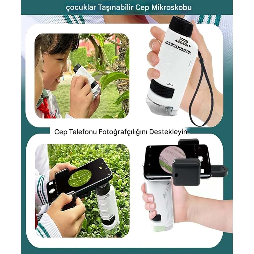 Mini Portatif Çocuk Mikroskop – 50X–300X Zoom, LED Işıklı, Eğitim ve Keşif Mikroskobu