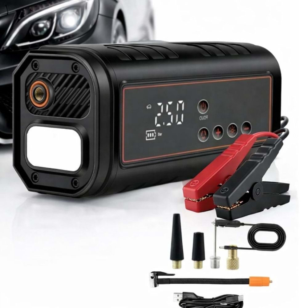 HT15 2 Fonksiyonlu 12V Akü Takviye Cihazı & Hava Kompresörü Powerbank Dijital Basınç Lastik Pompası