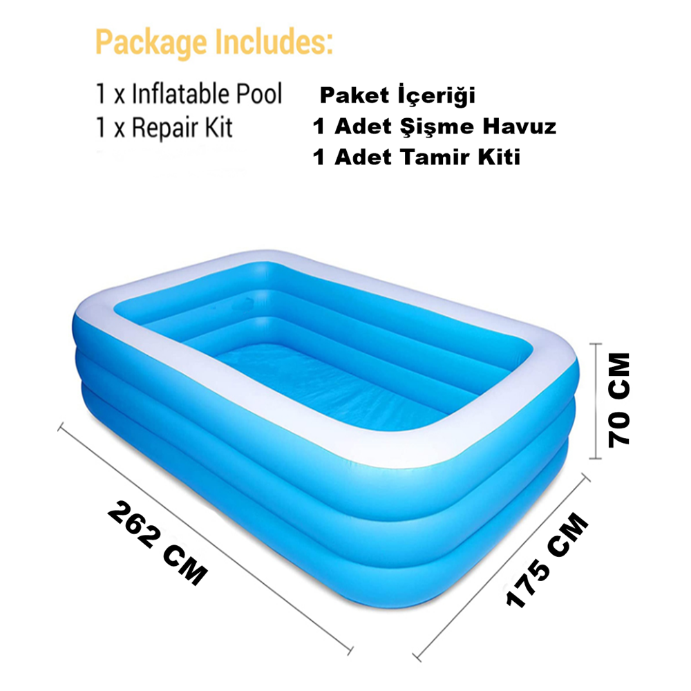 262x175x70 CM Şişme Aile Havuzu – 3 Katmanlı Büyük Boy Dikdörtgen Bahçe ve Yazlık Havuzu