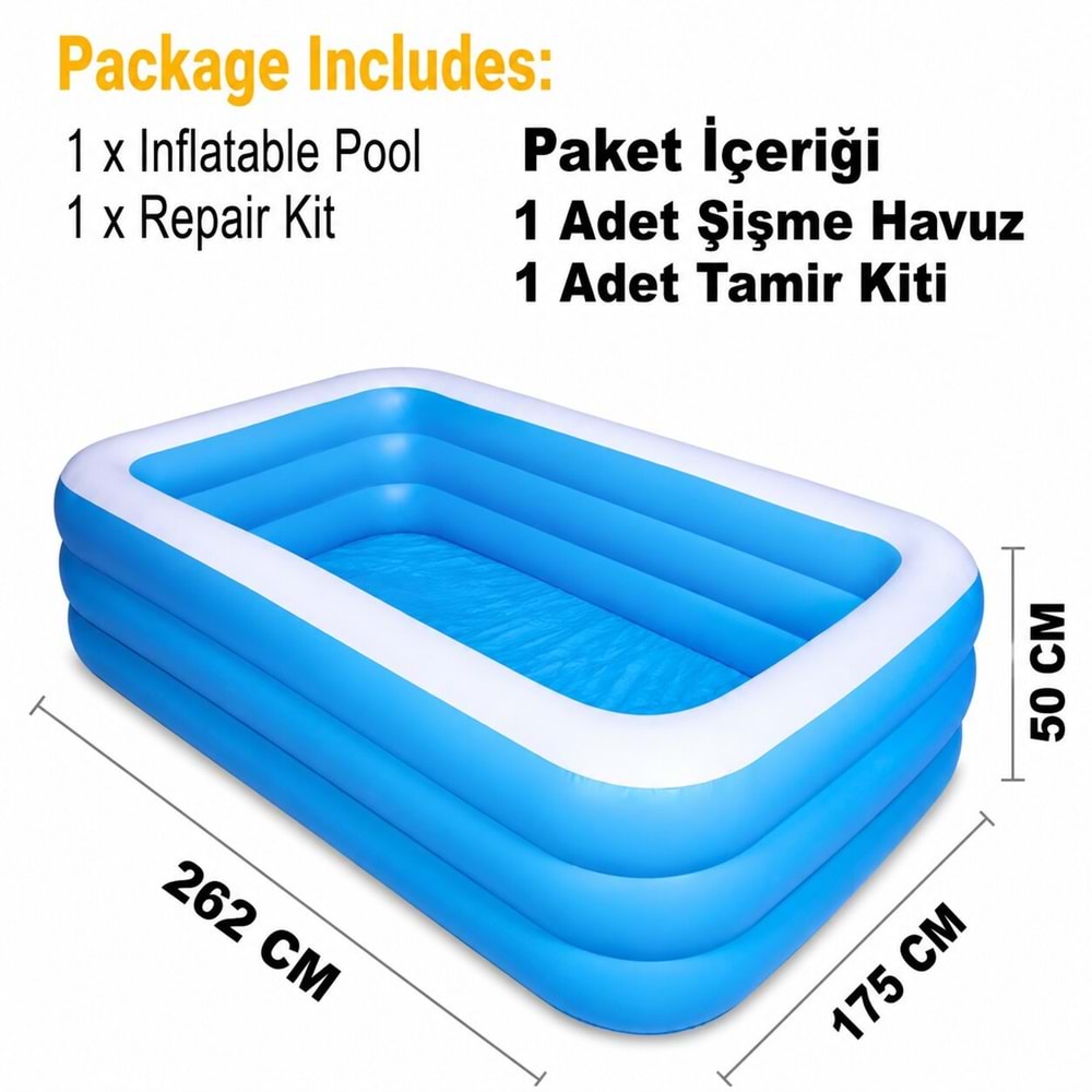 262x175x50 CM Şişme Aile Havuzu – 3 Katmanlı Büyük Boy Dikdörtgen Bahçe ve Yazlık Havuzu