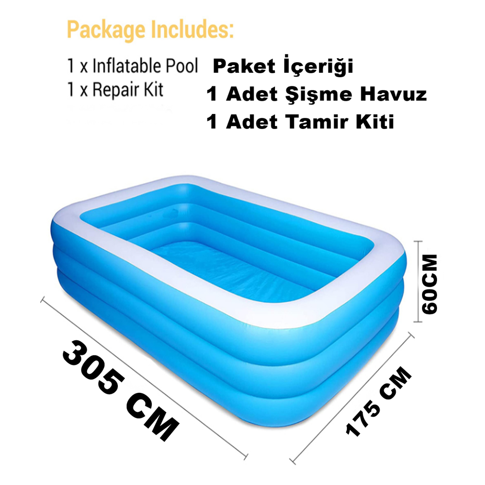 305x175x60 CM Şişme Aile Havuzu – 3 Katmanlı Büyük Boy Dikdörtgen Bahçe Havuzu