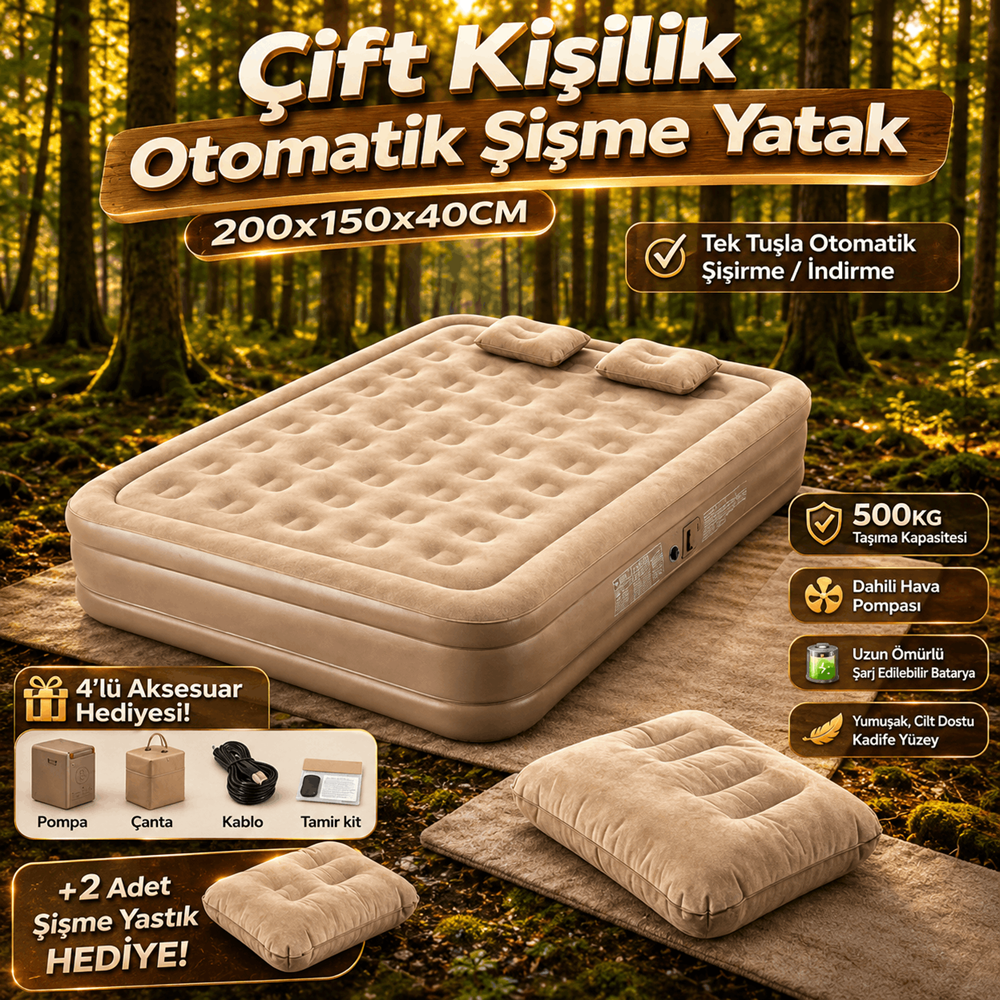 YTK-2 Çift Kişilik Şarjlı Otomatik Şişme Yatak 200x150x40 cm Dahili Pompalı Katlanabilir Kamp ve Misafir Yatağı