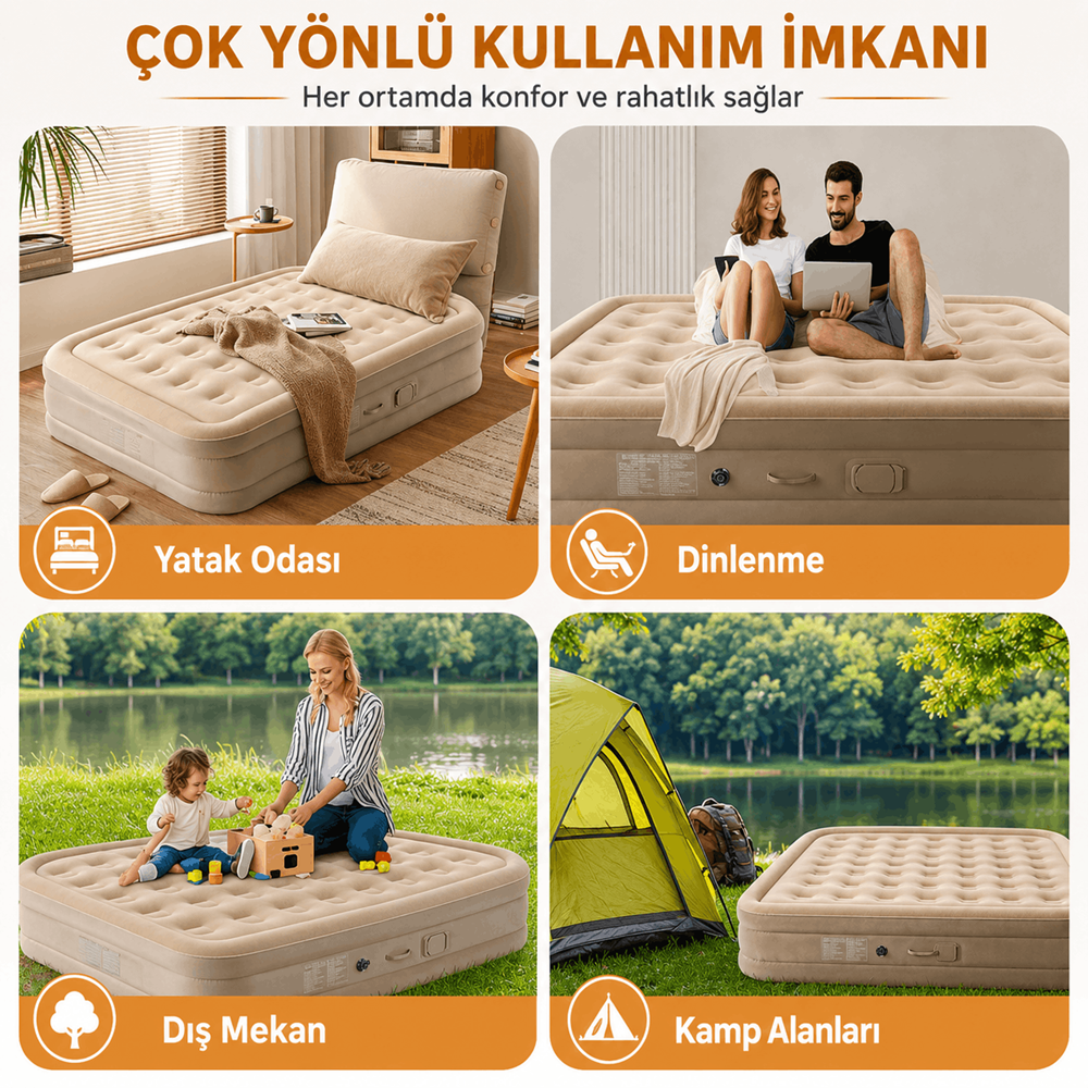 YTK-2 Çift Kişilik Şarjlı Otomatik Şişme Yatak 200x150x40 cm Dahili Pompalı Katlanabilir Kamp ve Misafir Yatağı