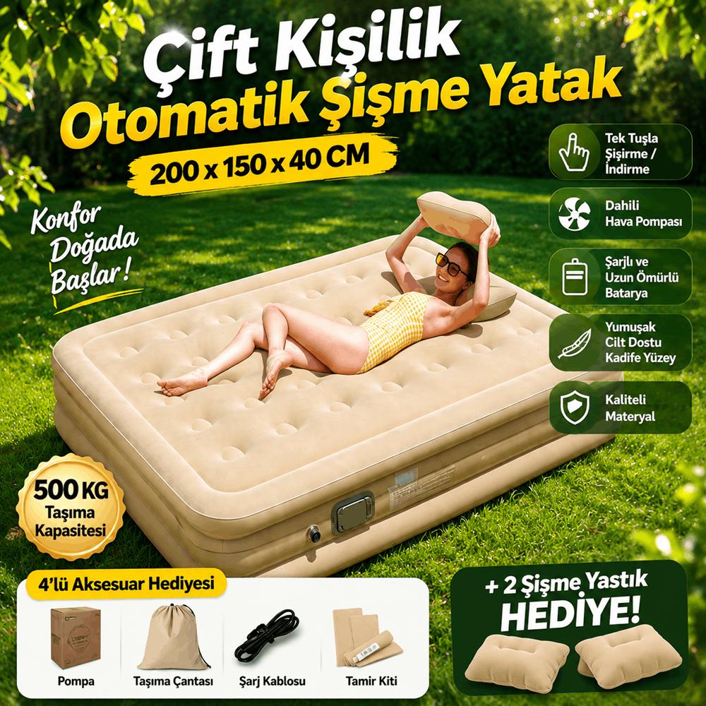 YTK-2 Çift Kişilik Şarjlı Otomatik Şişme Yatak 200x150x40 cm Dahili Pompalı Katlanabilir Kamp ve Misafir Yatağı