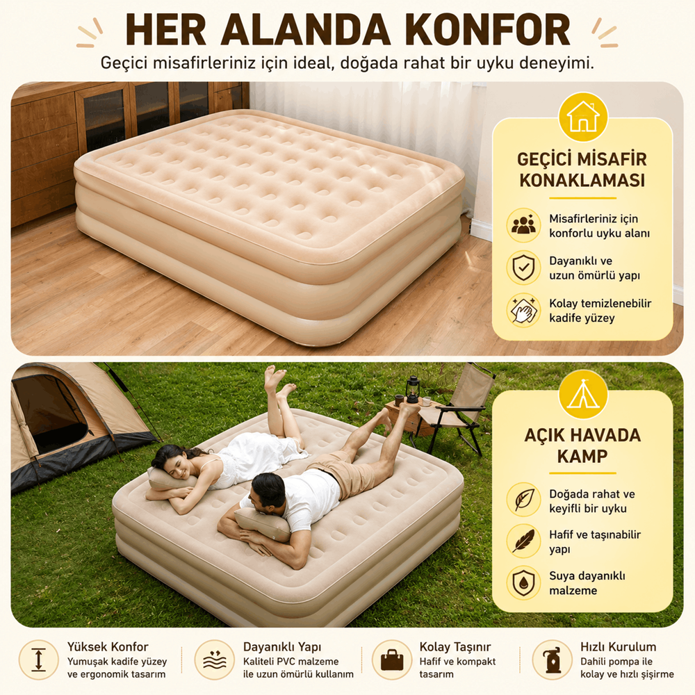 YTK-2 Çift Kişilik Şarjlı Otomatik Şişme Yatak 200x150x40 cm Dahili Pompalı Katlanabilir Kamp ve Misafir Yatağı