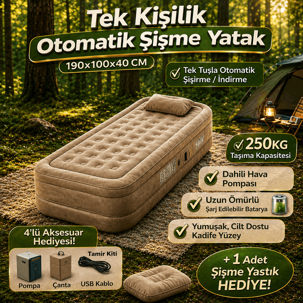 TK-1 Kendinden Şişen Tek Kişilik Şişme Yatak 190x100x40 cm Şarjlı Dahili Pompalı Katlanabilir Kamp ve Misafir Yatağı