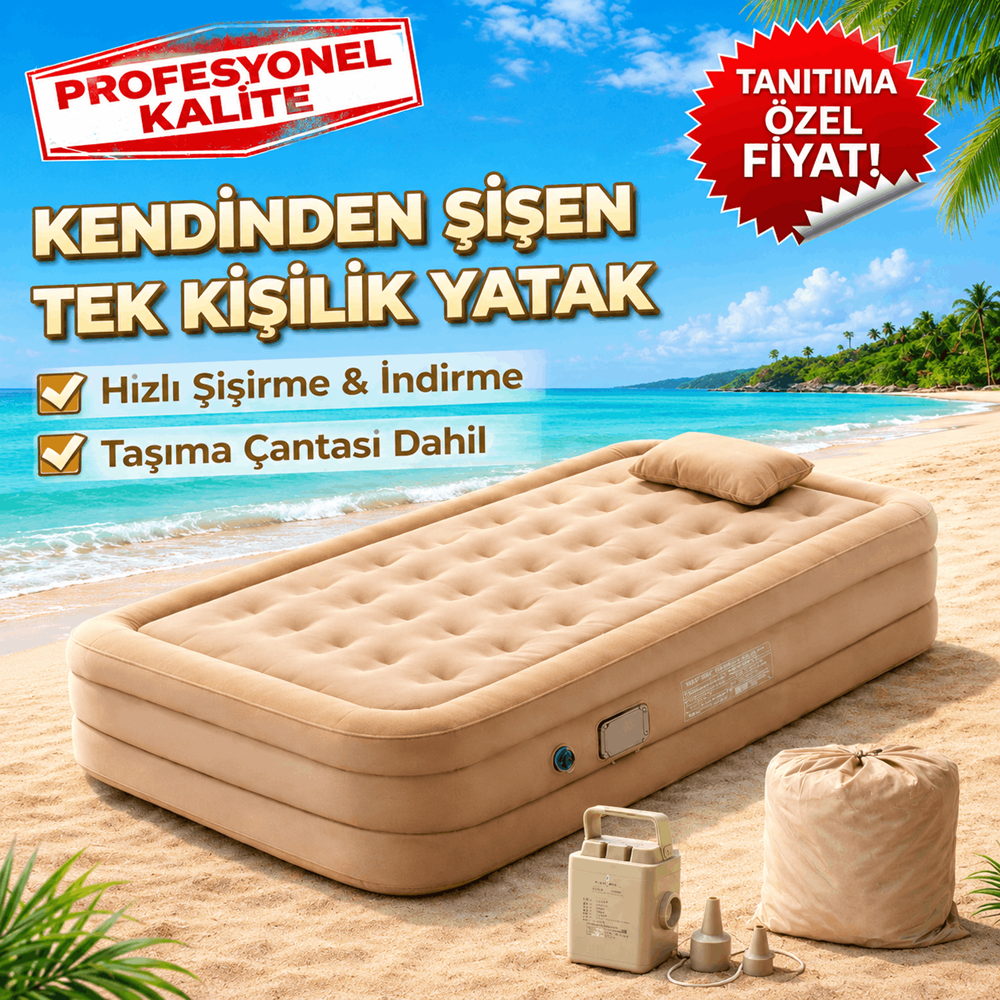 TK-1 Kendinden Şişen Tek Kişilik Şişme Yatak 190x100x40 cm Şarjlı Dahili Pompalı Katlanabilir Kamp ve Misafir Yatağı