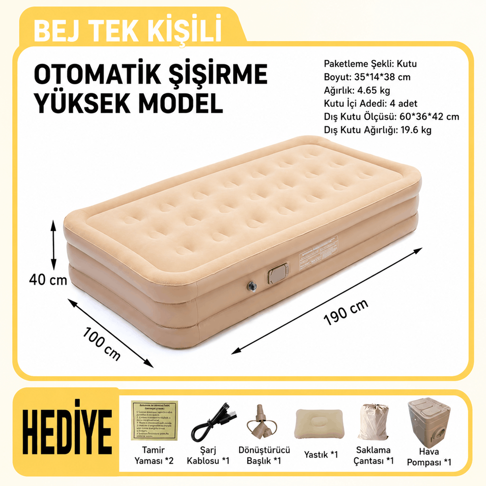 TK-1 Kendinden Şişen Tek Kişilik Şişme Yatak 190x100x40 cm Şarjlı Dahili Pompalı Katlanabilir Kamp ve Misafir Yatağı