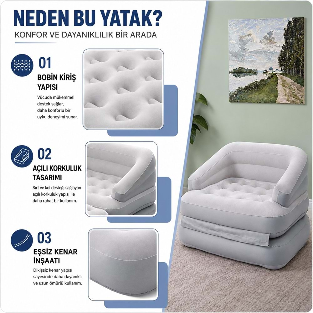 KY14 Şişme Hava Yatağı 142x192x60 cmKendinden Şişen Dahili Hava Pompalı Katlanabilir Şişme Koltuk Kanepe Portatif Misafir Kamp Yatağı