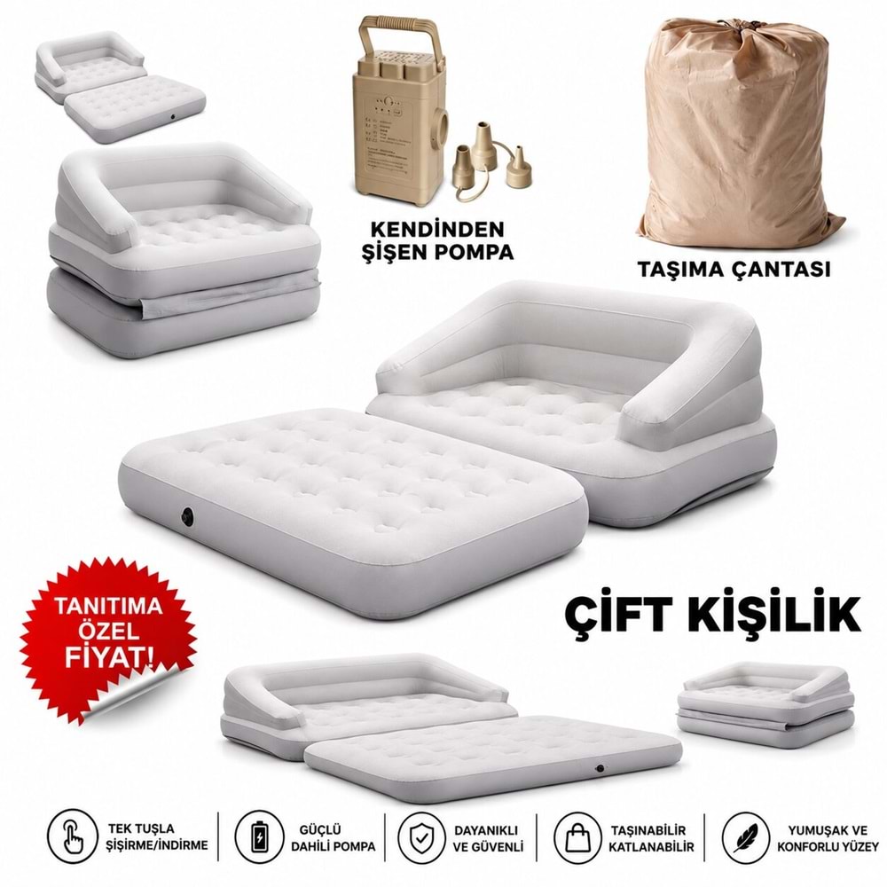 KY14 Şişme Hava Yatağı 142x192x60 cmKendinden Şişen Dahili Hava Pompalı Katlanabilir Şişme Koltuk Kanepe Portatif Misafir Kamp Yatağı