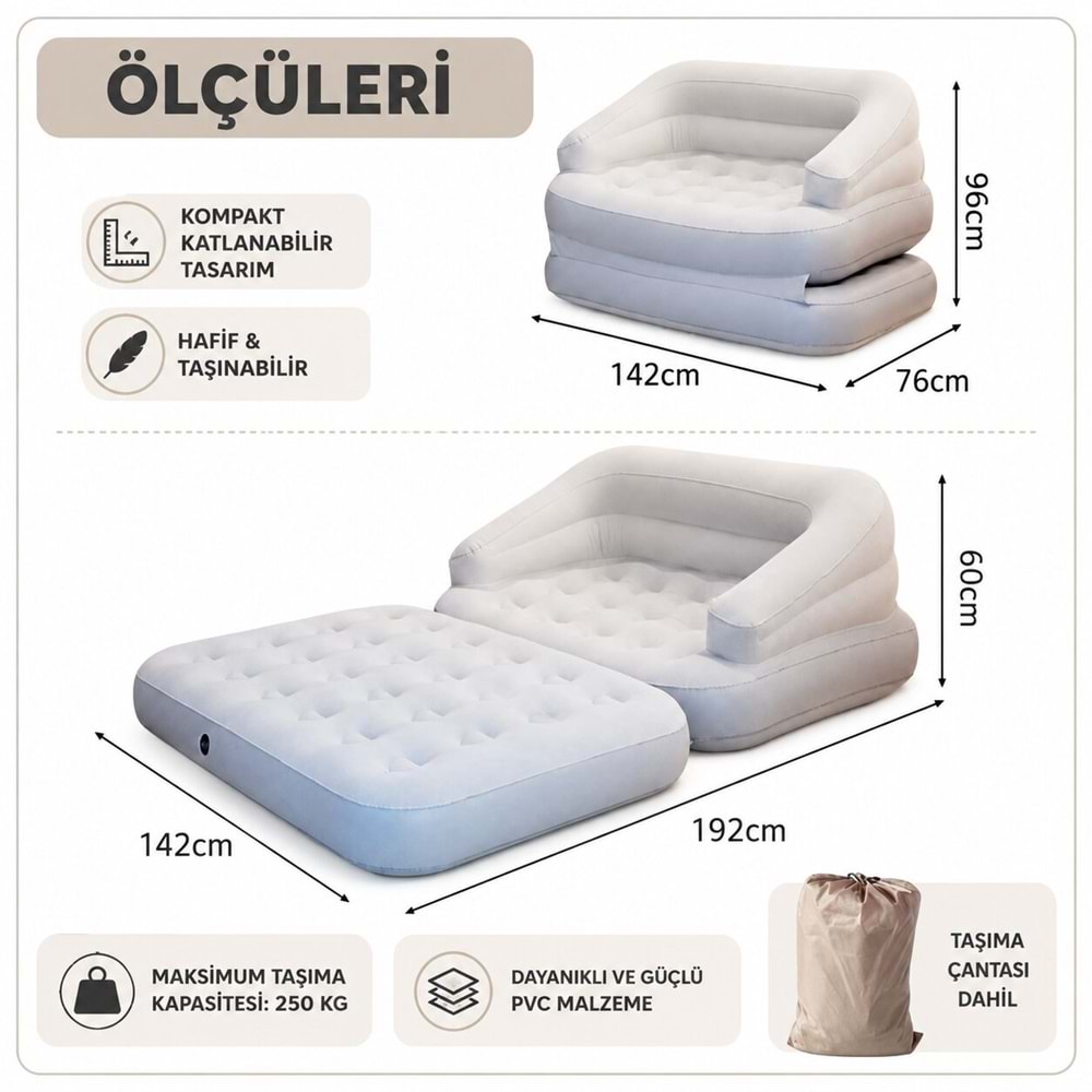 KY14 Şişme Hava Yatağı 142x192x60 cmKendinden Şişen Dahili Hava Pompalı Katlanabilir Şişme Koltuk Kanepe Portatif Misafir Kamp Yatağı