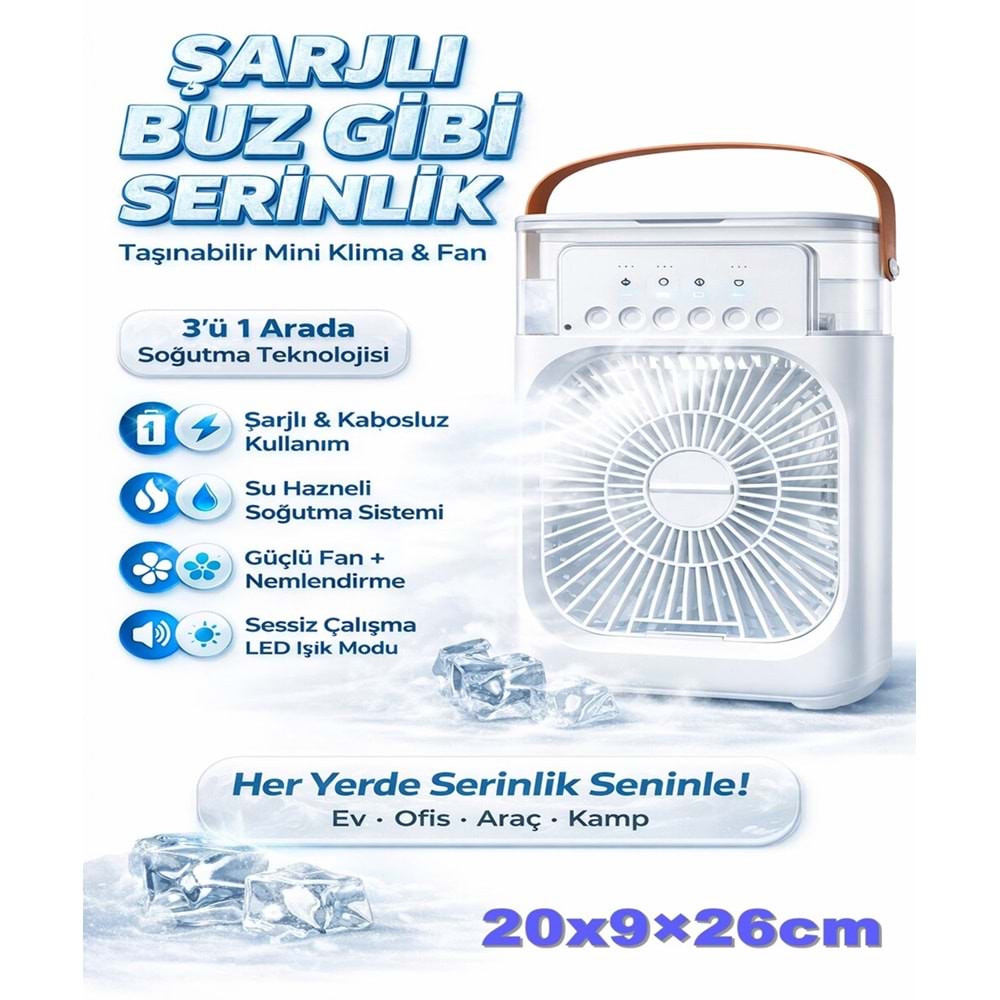 Şarjlı Taşınabilir Mini Klima Sulu Soğutucu Fan Nemlendirici RGB LED Işıklı 3 Kademeli Hız Ayarlı Ev Ofis Masaüstü Serinletici