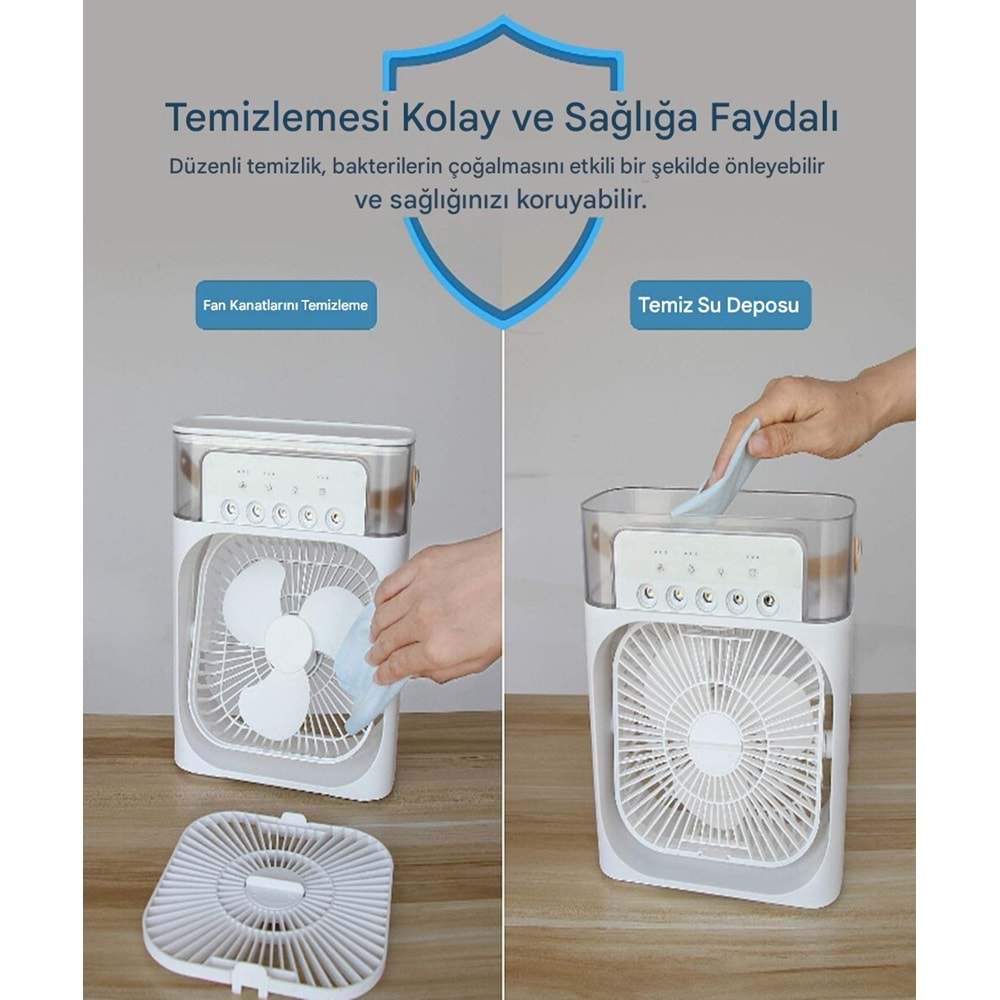 Şarjlı Taşınabilir Mini Klima Sulu Soğutucu Fan Nemlendirici RGB LED Işıklı 3 Kademeli Hız Ayarlı Ev Ofis Masaüstü Serinletici