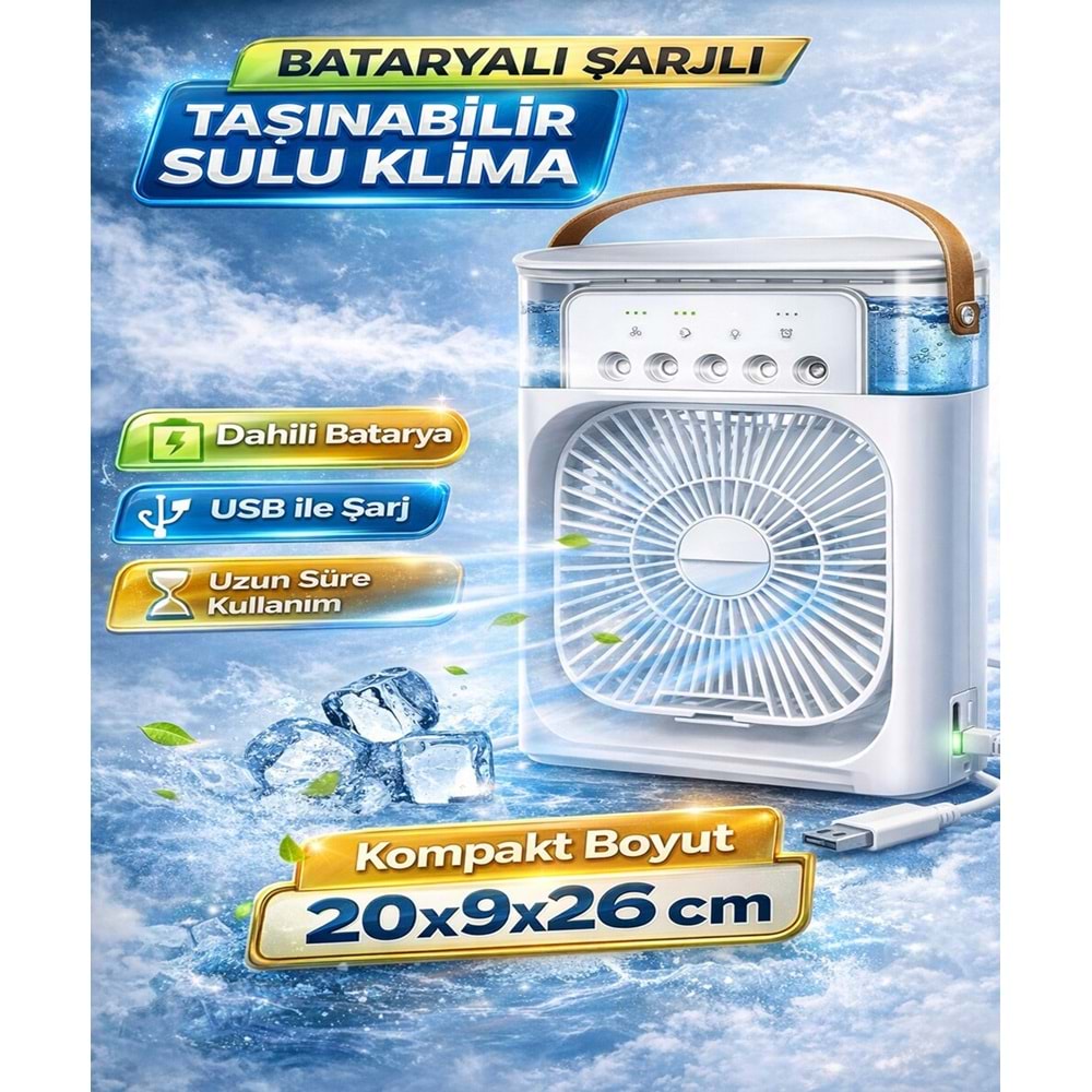 Şarjlı Taşınabilir Mini Klima Sulu Soğutucu Fan Nemlendirici RGB LED Işıklı 3 Kademeli Hız Ayarlı Ev Ofis Masaüstü Serinletici