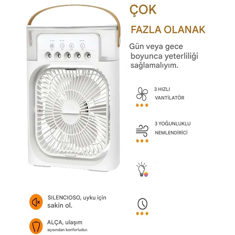 Şarjlı Taşınabilir Mini Klima Sulu Soğutucu Fan Nemlendirici RGB LED Işıklı 3 Kademeli Hız Ayarlı Ev Ofis Masaüstü Serinletici