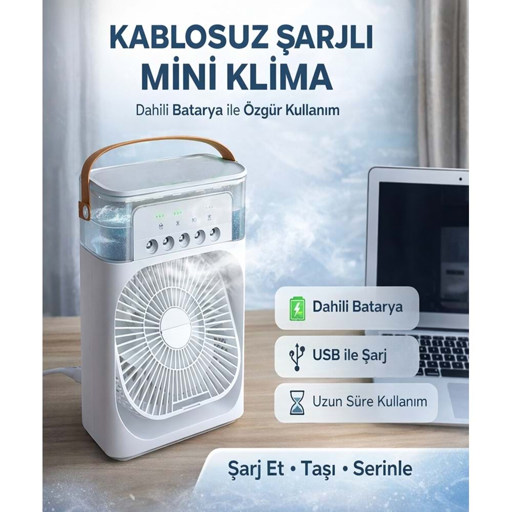Şarjlı Taşınabilir Mini Klima Sulu Soğutucu Fan Nemlendirici RGB LED Işıklı 3 Kademeli Hız Ayarlı Ev Ofis Masaüstü Serinletici