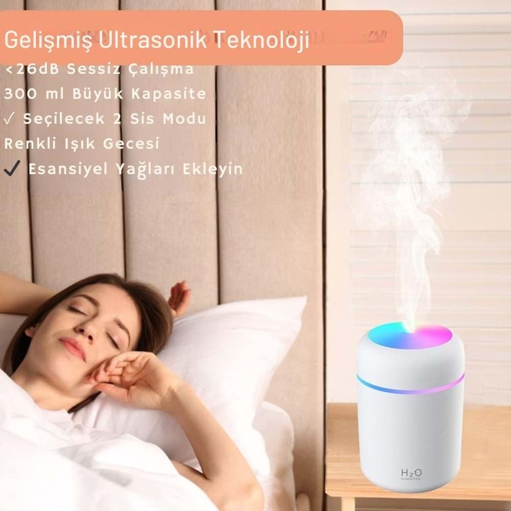 Beyaz H20 Hava Nemlendirici Hava - Oda- Araç Nemlendirici Buhar Makinesi Ledli