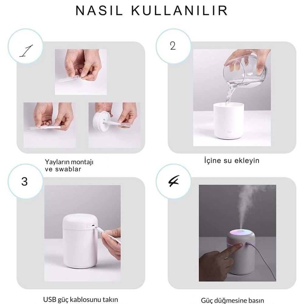 Beyaz H20 Hava Nemlendirici Hava - Oda- Araç Nemlendirici Buhar Makinesi Ledli