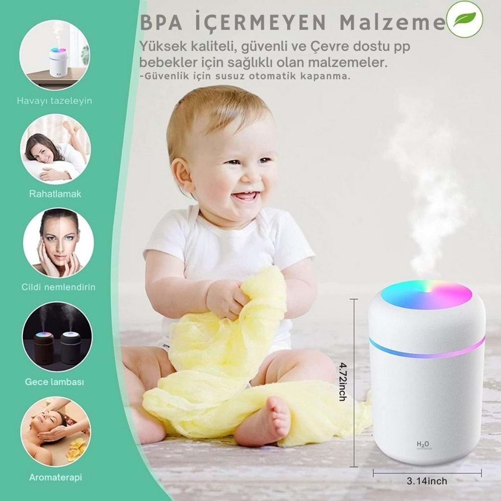 Beyaz H20 Hava Nemlendirici Hava - Oda- Araç Nemlendirici Buhar Makinesi Ledli