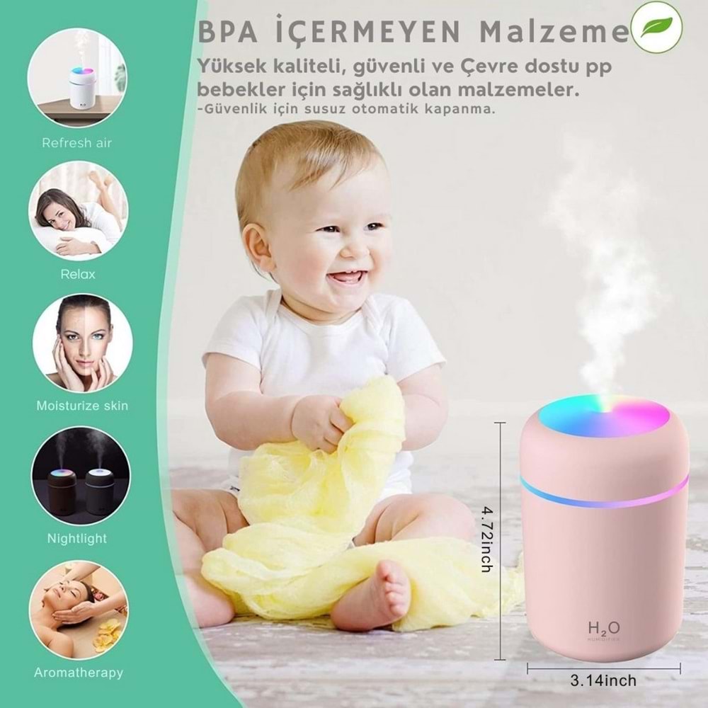 Pembe H2O Hava Nemlendirici Led Işıklı Mini Ortam Oda Hava Nemlendirici Soğuk Buhar Makinesi