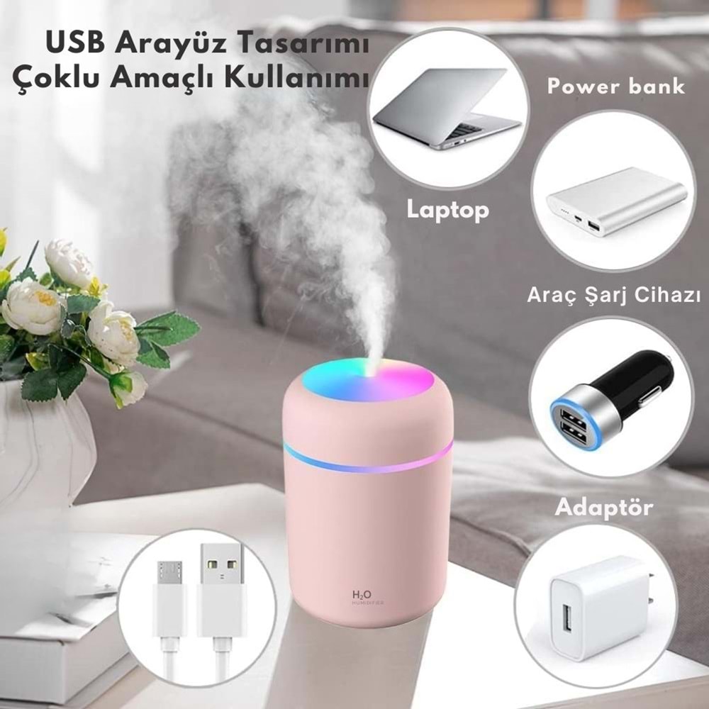 Pembe H2O Hava Nemlendirici Led Işıklı Mini Ortam Oda Hava Nemlendirici Soğuk Buhar Makinesi