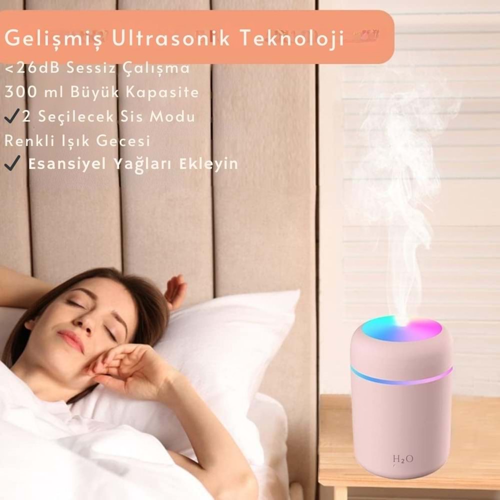 Pembe H2O Hava Nemlendirici Led Işıklı Mini Ortam Oda Hava Nemlendirici Soğuk Buhar Makinesi