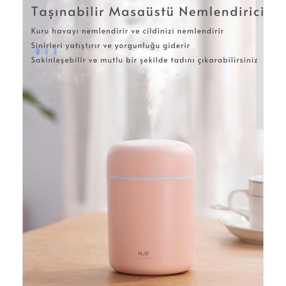 Pembe H2O Hava Nemlendirici Led Işıklı Mini Ortam Oda Hava Nemlendirici Soğuk Buhar Makinesi