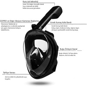 Gopro İçin Tam Yüz Dalış Maskesi Slikon Şnorkel Full Face Buğu Önleyici ve Sızıntı Önleyici