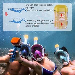 Gopro İçin Tam Yüz Dalış Maskesi Slikon Şnorkel Full Face Buğu Önleyici ve Sızıntı Önleyici