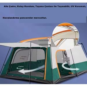 9 Kişilik 1+1 Odalı Kamp Çadırı Su Geçirmez Piknik Çadır 320x220x190cm Sineklikli Pratik Taşınılabilir Pencereli