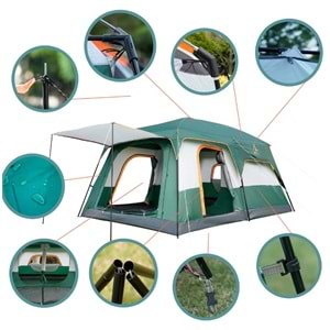 9 Kişilik 1+1 Odalı Kamp Çadırı Su Geçirmez Piknik Çadır 320x220x190cm Sineklikli Pratik Taşınılabilir Pencereli