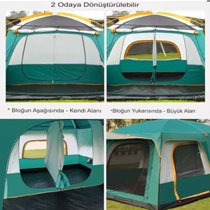 9 Kişilik 1+1 Odalı Kamp Çadırı Su Geçirmez Piknik Çadır 320x220x190cm Sineklikli Pratik Taşınılabilir Pencereli