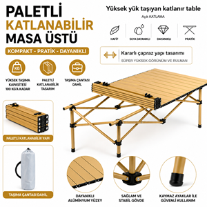 Katlanır Alüminyum Kamp Masası | Taşınabilir Piknik Masası + Taşıma Çantası | 95x55x50cm | Gold Renk