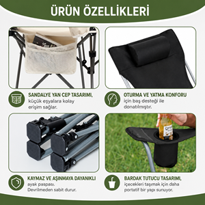 YT00 Katlanır Şezlong Koltuk – Bahçe, Kamp ve Plaj İçin Yatarlı Sandalye