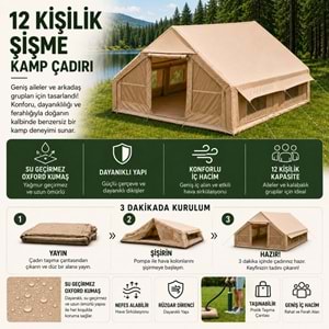12 Kişilik 4 Mevsim Şişme Kamp Çadırı | 12 m² Geniş İç Hacim | 300D Oxford Kumaş | Su Geçirmez | El Pompalı | Hızlı Kurulum | Aile ve Grup Kampları için Uygun