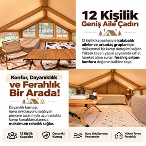 12 Kişilik 4 Mevsim Şişme Kamp Çadırı | 12 m² Geniş İç Hacim | 300D Oxford Kumaş | Su Geçirmez | El Pompalı | Hızlı Kurulum | Aile ve Grup Kampları için Uygun
