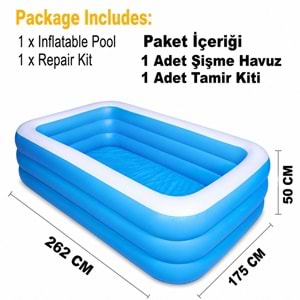 262x175x50 CM Şişme Aile Havuzu – 3 Katmanlı Büyük Boy Dikdörtgen Bahçe ve Yazlık Havuzu