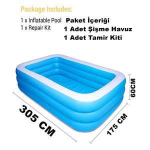 305x175x60 CM Şişme Aile Havuzu – 3 Katmanlı Büyük Boy Dikdörtgen Bahçe Havuzu