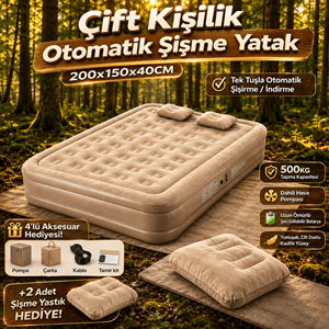 YTK-2 Çift Kişilik Şarjlı Otomatik Şişme Yatak 200x150x40 cm Dahili Pompalı Katlanabilir Kamp ve Misafir Yatağı
