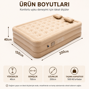 YTK-2 Çift Kişilik Şarjlı Otomatik Şişme Yatak 200x150x40 cm Dahili Pompalı Katlanabilir Kamp ve Misafir Yatağı