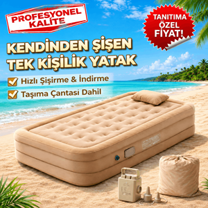 TK-1 Kendinden Şişen Tek Kişilik Şişme Yatak 190x100x40 cm Şarjlı Dahili Pompalı Katlanabilir Kamp ve Misafir Yatağı