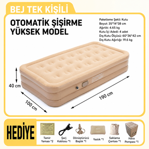TK-1 Kendinden Şişen Tek Kişilik Şişme Yatak 190x100x40 cm Şarjlı Dahili Pompalı Katlanabilir Kamp ve Misafir Yatağı