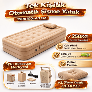 TK-1 Kendinden Şişen Tek Kişilik Şişme Yatak 190x100x40 cm Şarjlı Dahili Pompalı Katlanabilir Kamp ve Misafir Yatağı