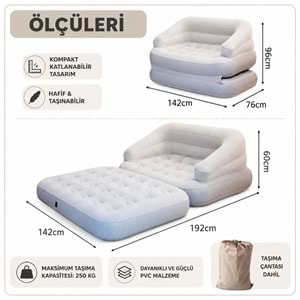 KY14 Şişme Hava Yatağı 142x192x60 cmKendinden Şişen Dahili Hava Pompalı Katlanabilir Şişme Koltuk Kanepe Portatif Misafir Kamp Yatağı