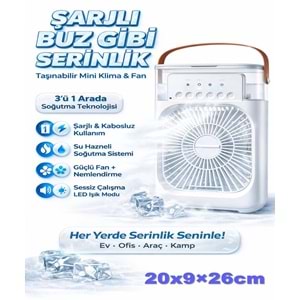 Şarjlı Taşınabilir Mini Klima Sulu Soğutucu Fan Nemlendirici RGB LED Işıklı 3 Kademeli Hız Ayarlı Ev Ofis Masaüstü Serinletici