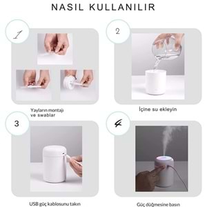 Beyaz H20 Hava Nemlendirici Hava - Oda- Araç Nemlendirici Buhar Makinesi Ledli