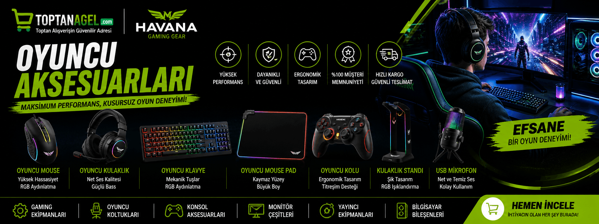 Gaming mouse, oyuncu kulaklığı ve oyuncu koltuğu ürünleri Toptanagel uygun fiyatlı gaming ekipmanlar