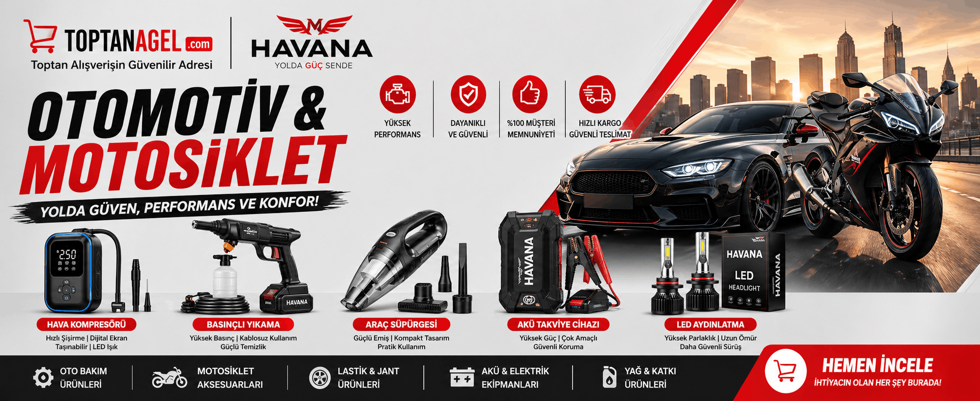 Otomobil ve motosiklet ürünlerinde Havana kalitesi! Hava kompresörü, şarjlı yıkama makinesi, oto bak
