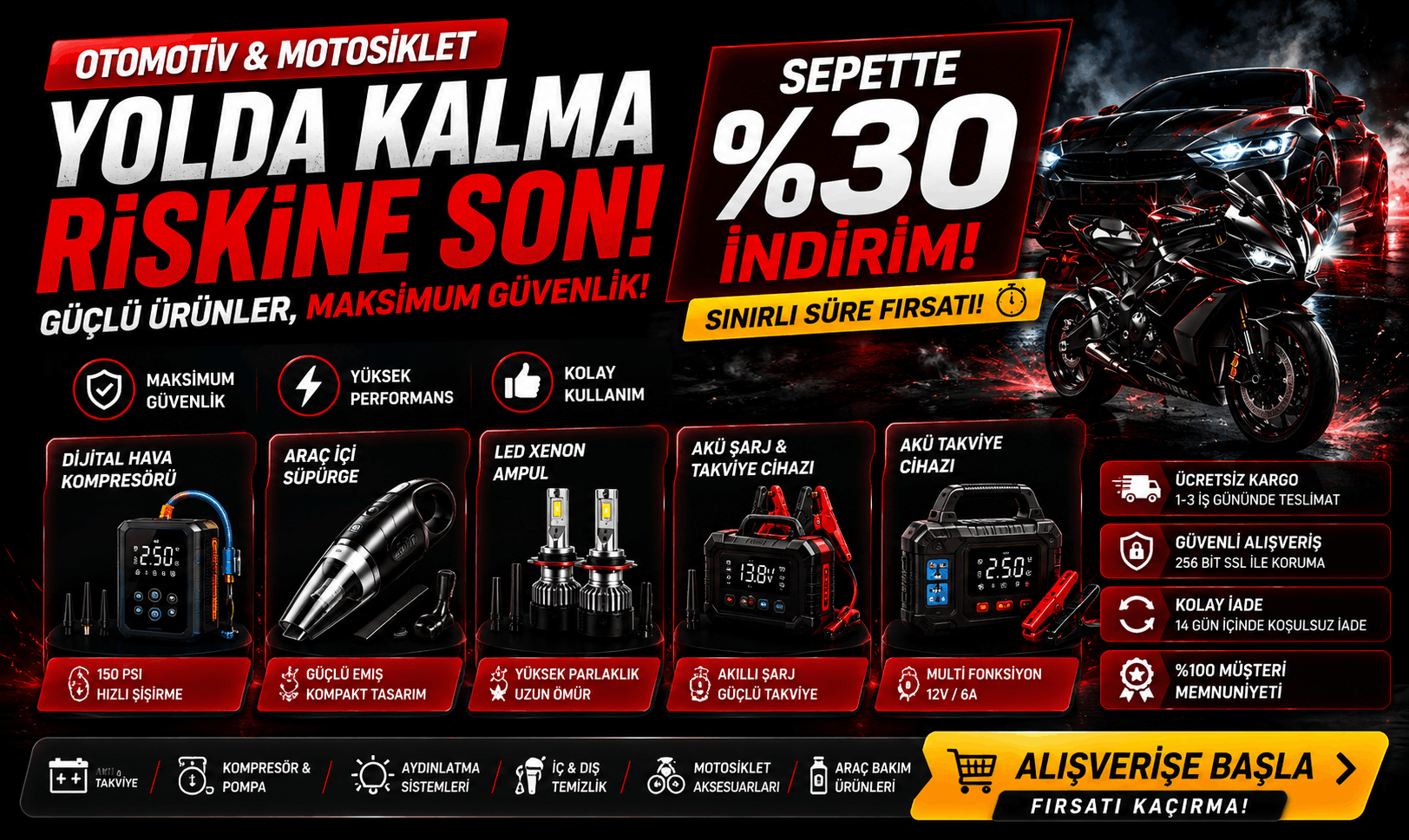 Akü takviye cihazı, hava kompresörü ve otomotiv kampanya vitrini